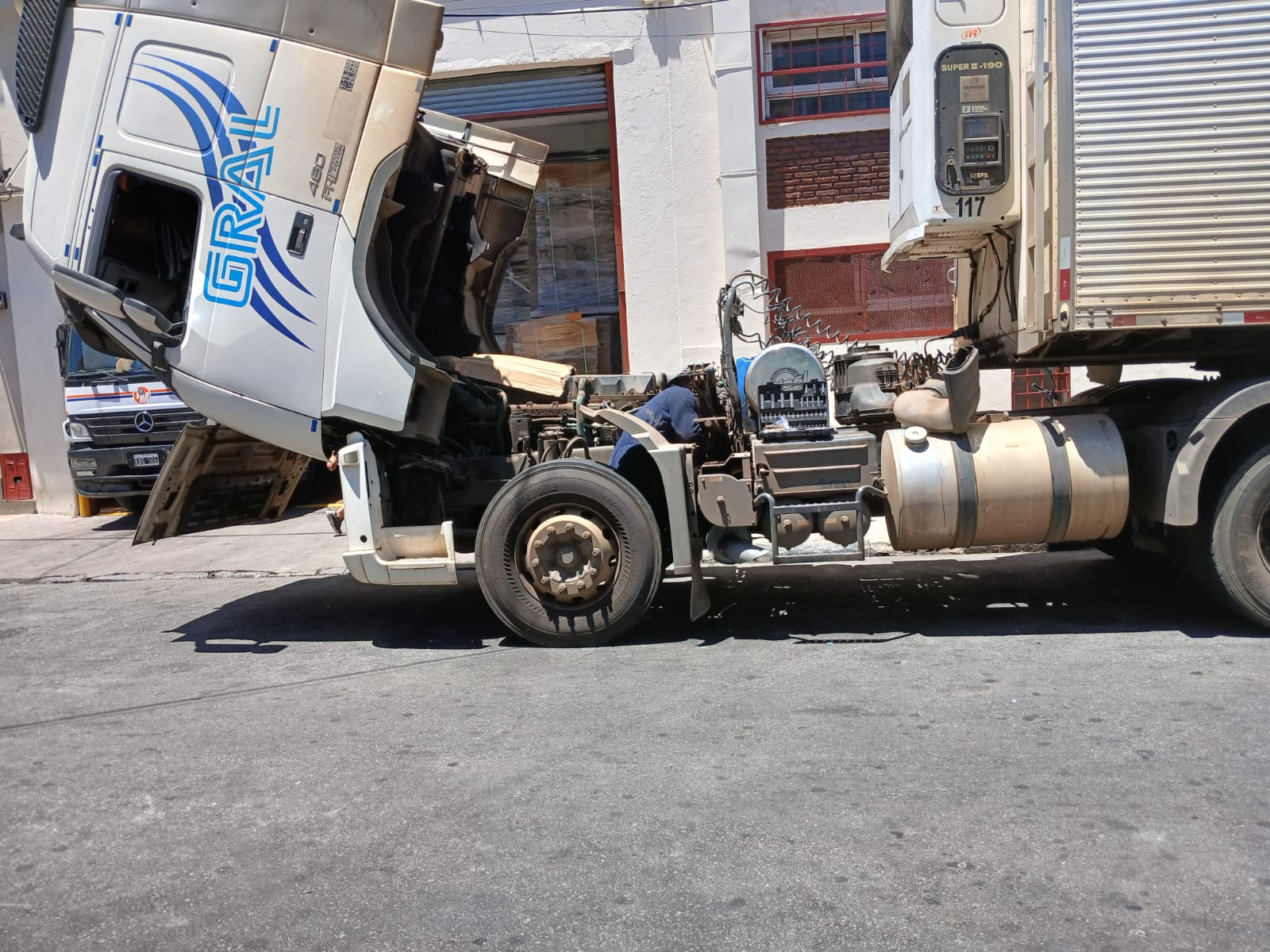 Reparación de motor en camión con cabina levantada, Buenos Aires