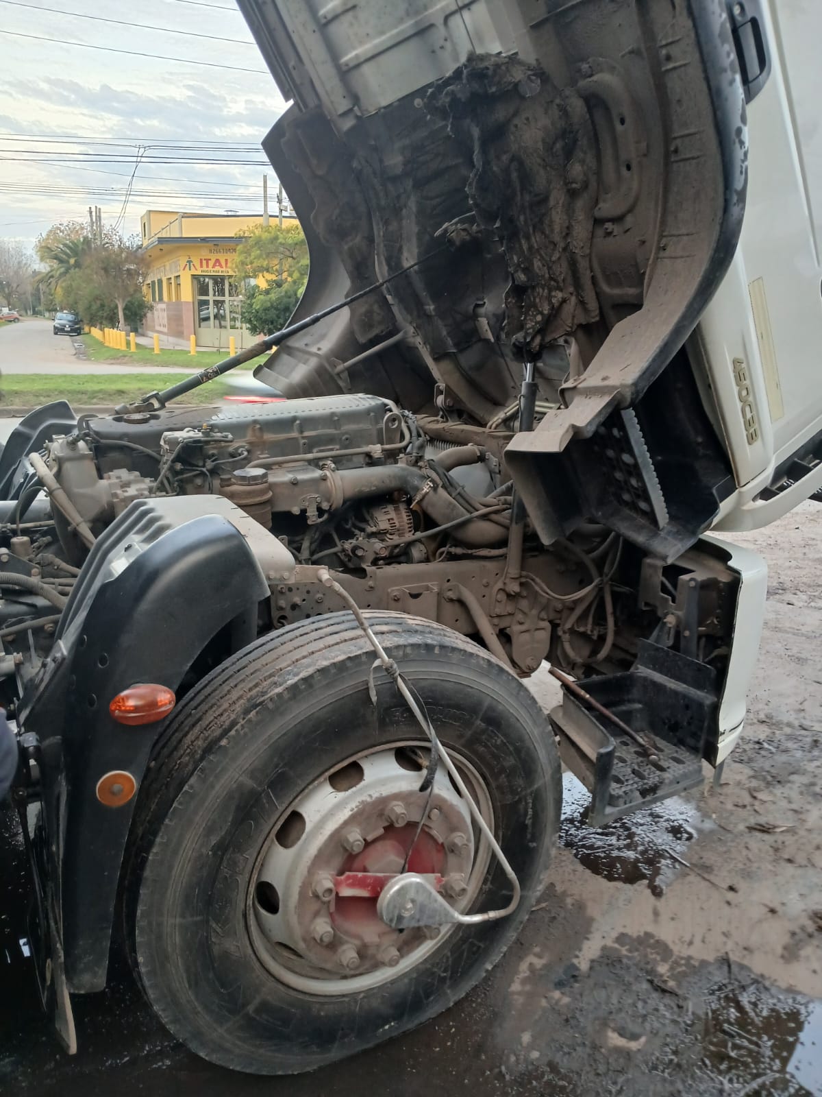 Mecánica de motor de camión expuesto en ruta, Buenos Aires